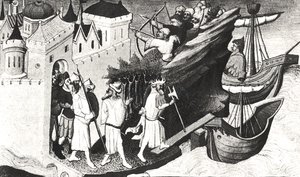 Ms Fr 2810 f.72, De soldaten van de Grote Khan nemen het eiland Sypangu in, uit het Livre des Merveilles du Monde, ca. 1410-12 (tempera op perkament) door Boucicaut Master